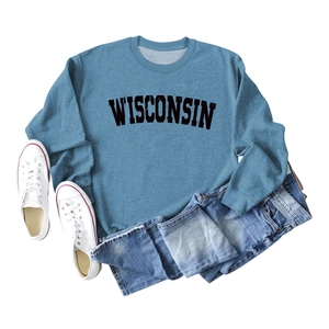 Detail of blue Wisconsin letter print sweatshirt with round neck and soft cotton fabric
