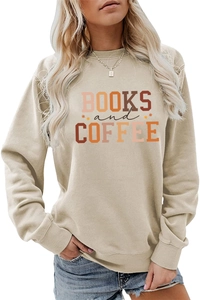 Detail shot of khaki long-sleeve sweatshirt with Books and Coffee graphic print for women