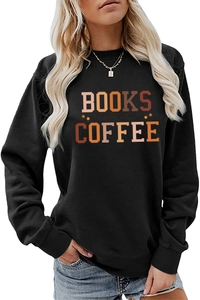 Detail of Books and Coffee print on black crewneck sweatshirt with ribbed cuffs