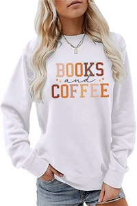 Detail of Books and Coffee print on white long-sleeve sweatshirt with earth tones