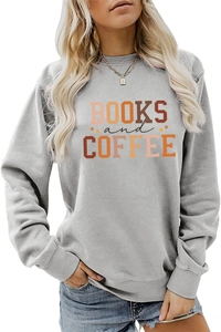 Detail of light grey sweatshirt with Books and Coffee print and crew neck design