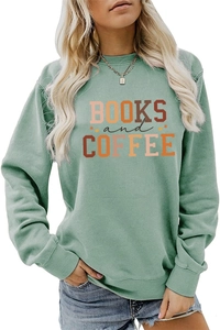 Detail of sage green Books and Coffee sweatshirt featuring ribbed cuffs and print