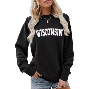 Women's black Wisconsin letter print sweatshirt with a crewneck and casual loose fit