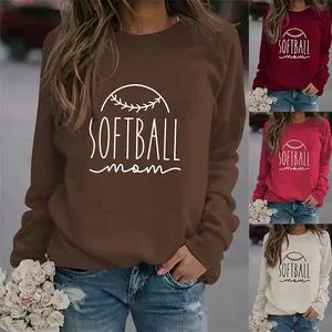 Sweat-shirt Softball Mom Imprimé Lettres Femmes Col Rond Manches Longues Mélange Coton Pullover Sport Décontracté