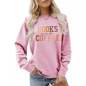 Pink Books and Coffee sweatshirt for women with crew neck and long drop shoulder sleeves