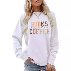 Women's white Books and Coffee long sleeve crewneck sweatshirt with autumn graphic print