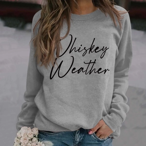 Detail of Whiskey Weather script print on casual grey long-sleeve sweatshirt for women