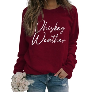 Women's burgundy long sleeve sweatshirt with Whiskey Weather lettering print