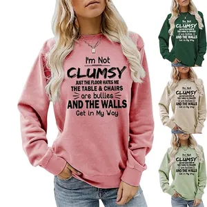 Women Sweatshirt Crewneck Long Sleeve Cotton Blend Humorous Slogan Print Casual Streetwear Pullover Loose Fit