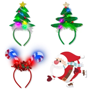 Detail view of light-up Christmas headbands with LED trees and candy cane festive designs
