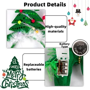 Detail of LED Christmas headband showing green sequins, white feathers and battery box