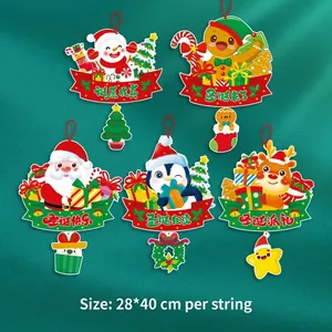 Detailed view of colorful Christmas paper ornaments featuring Santa and Snowman characters