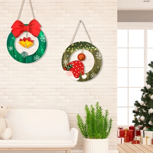 Christmas round wooden signs set with festive bows and pine patterns for door decor