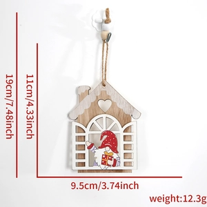 Detail of wooden gnome Christmas ornament with heart cutout and rustic hemp rope