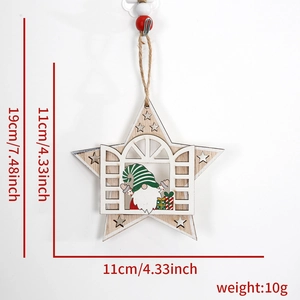Close-up of wooden star-shaped Christmas gnome ornament with dimension markings