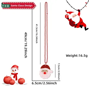 Detail view of red beaded Christmas necklace featuring a glittery Santa Claus pendant