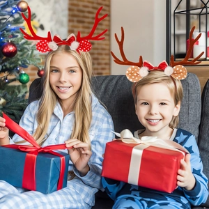 Christmas reindeer antler headband set with bows and fuzzy balls for holiday party styling