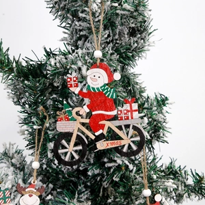 Wooden Christmas snowman on bicycle ornament with gifts for xmas tree decoration