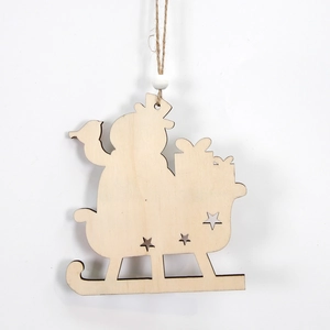 Close-up of laser-cut wooden Santa sleigh ornament with jute rope and white bead