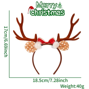 Christmas reindeer antler headband with white fur balls and red polka dot bow decoration