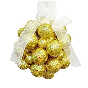 Boule de Noël à paillettes dorées avec nœud en organza blanc pour décoration de sapin