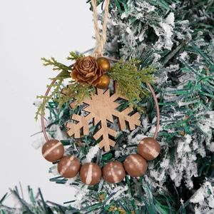 Rustic Christmas wreath ornament with wooden snowflake pinecones and bronze metal frame
