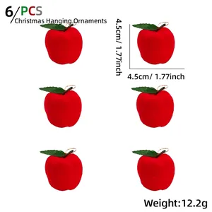 Lot de 6 pommes de Noël rouges floquées de 4,5 cm avec feuilles vertes et cordons dorés