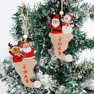 Christmas Wooden Hanging Ornament Santa Claus Snowman Reindeer Sock Shaped Pendant For Xmas Tree Festive Home Party Decoration
