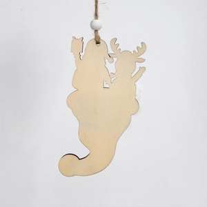 Wooden Christmas stocking pendant with cutout Santa and reindeer for tree decoration
