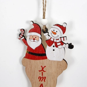 Wooden Christmas tree pendant featuring Santa and Snowman with red X-mas text detail