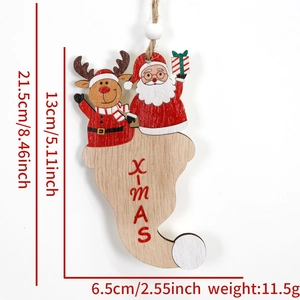 Detailed size specifications for a wooden Santa and reindeer Christmas tree hanging ornament