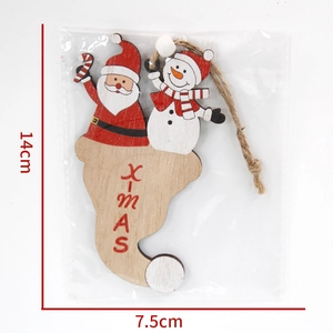 Wooden Christmas tree ornaments featuring Santa, snowman, and boots with hanging rope