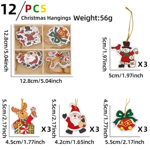 Set of 12 printed Christmas wood ornaments with snowmen and reindeer in a wooden box
