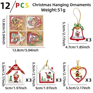 Detail of 12pcs Christmas wooden ornaments set with box and dimensions for tree decoration