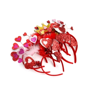 Romantic red heart headbands set with glitter crowns and feathers for Valentine party decor