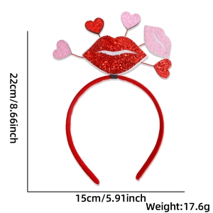 Valentine's Day headband with red lips and sequin hearts showing dimensions and weight