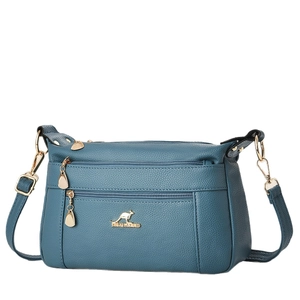 Navy blue textured leather crossbody bag with three zipper pockets and golden kangaroo logo