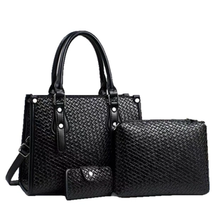 Ensemble 3 pièces de sacs noirs en cuir tressé avec sac fourre-tout et pochette chic