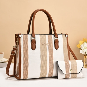 Women Tote Bag And Wallet Vertical Stripe Woven Canvas Handbag Large Capacity Commuter PU Leather Retro Stylish Trendy Bag