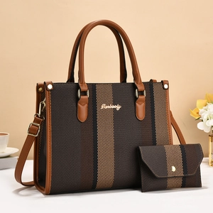 Striped tote bag and wallet set in brown leather and high-density jacquard fabric