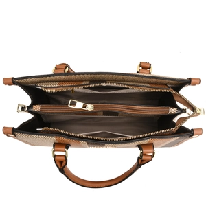 Top-down view of large tote bag interior with multiple compartments and gold hardware