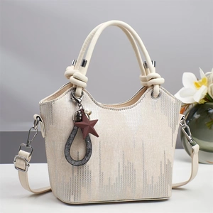 Damen Fashion Große Kapazität Eimertasche PU Leder Schimmer Textur Handtasche Crossbody Schultertasche Mit Sternanhänger