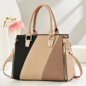 Contrast panel woven handbag with gold hardware and shoulder strap for women