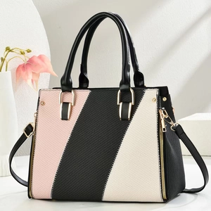 Three-color contrast leather handbag with woven texture and gold-tone hardware