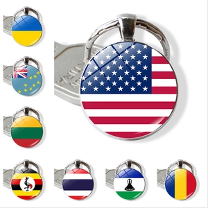 National Flag Glass Cabochon Keychain Zinc Alloy Round Time Gemstone Key Ring Souvenir Gift For Men Women Travel Accessory