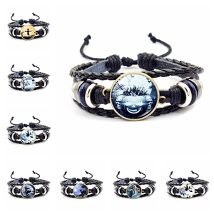 Halloween Woven Leather Alloy Bracelet Vintage Glass Cabochon Pumpkin Witch Ghost Multi Layer Bangle For Party Unisex Jewelry