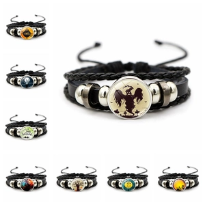 Bracciale Pelle Intrecciata Halloween Multistrato Lega Vetro Cabochon Gothic Punk Gioielli Festa Regolabile Uomo Donna