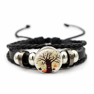 Dettagli del braccialetto in pelle Halloween con charm cabochon in vetro zucca