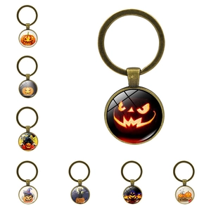 Vintage Halloween Pumpkin Jack-O-Lantern Metal Keychain With Time Gem Glass Cabochon Antique Bronze Key Ring Party Favor Gift