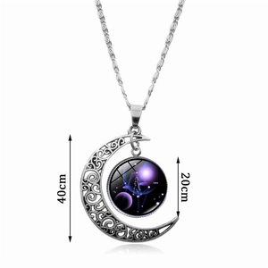 Silver crescent Libra necklace featuring a celestial starry glass gem and a fine chain